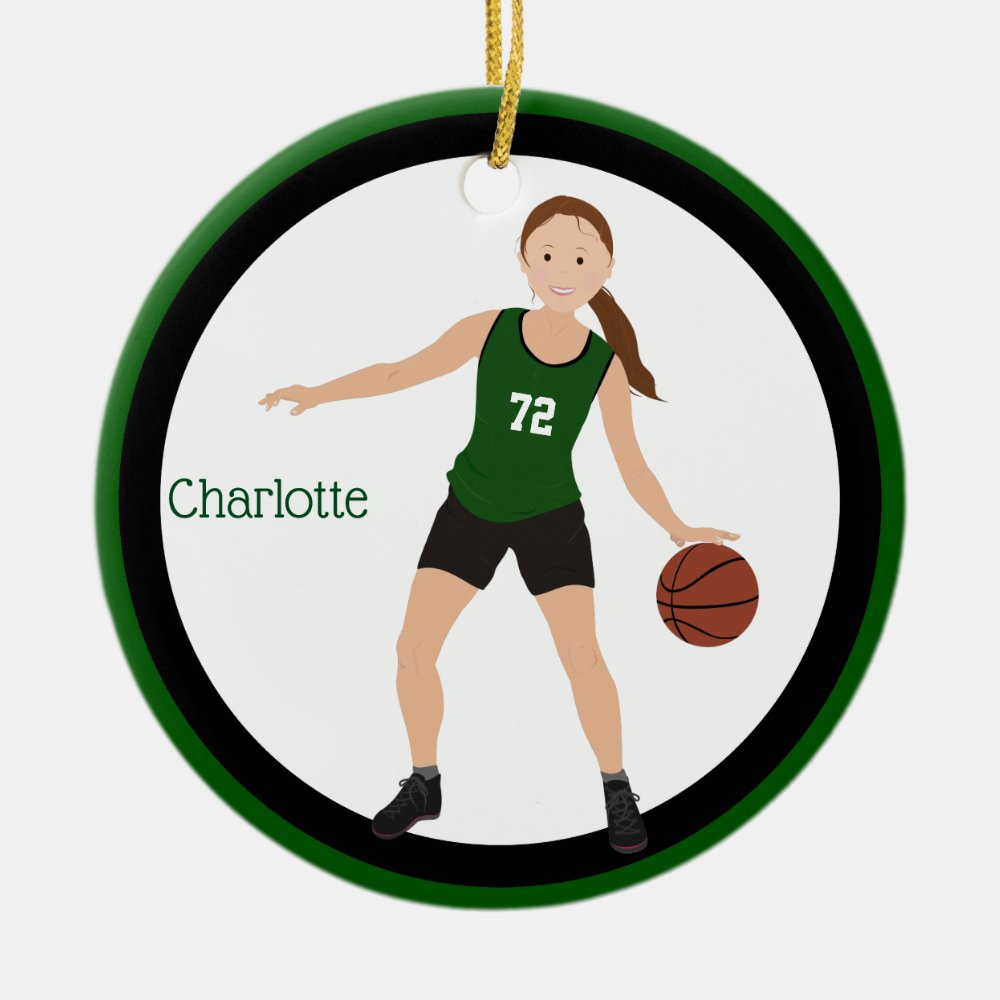 brunette girl basketball player in green and black ceramic ornament - Basketball Gifts