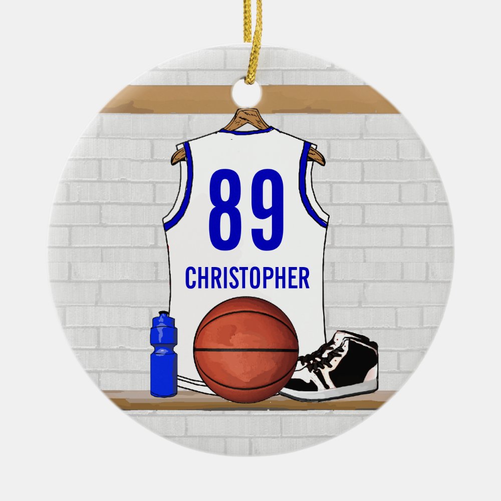personalized white and blue basketball jersey ceramic ornament - Basketball Gifts