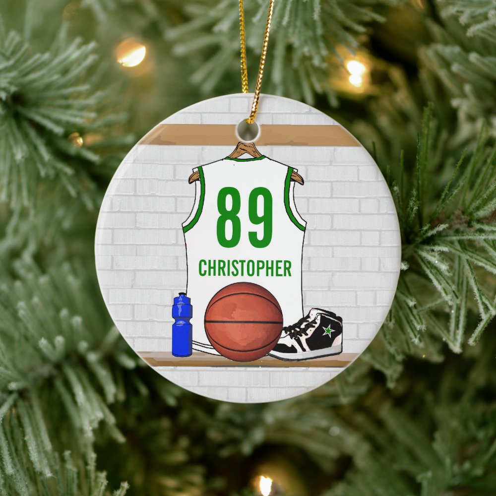 personalized white green basketball jersey ceramic ornament r25002b5b14c54e1885f039ad17ba16cf 05wi1 8byvr 1000 - Basketball Gifts